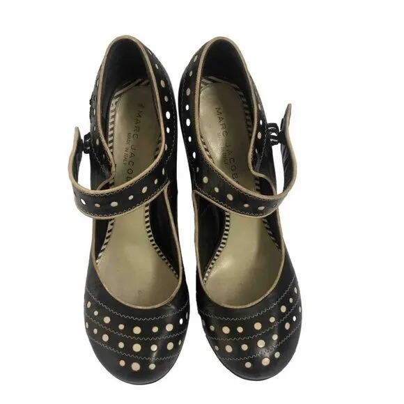 Marc Jacobs Womens Heels Leather Shoes Mary Jane Size 7Black Poke Dots