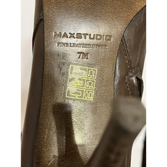 Max Studio •7• BROWN Leather Stiletto High Heel Ankle Boots Shoes Pleated