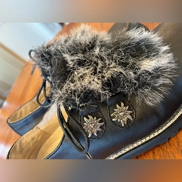 MAYA Black Lug Sole Detailed Faux Fur Boho Retro Lace Up Shoes Genuine Leather