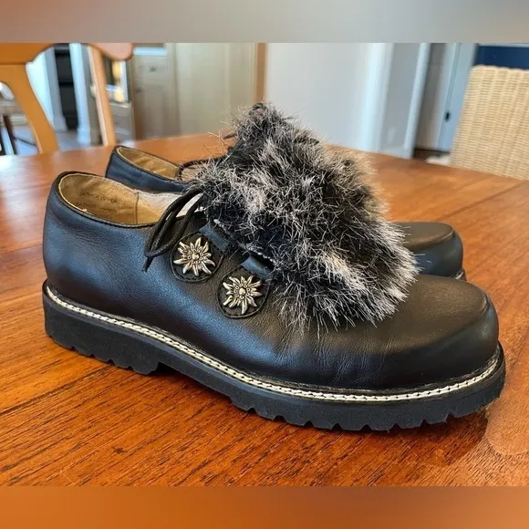 MAYA Black Lug Sole Detailed Faux Fur Boho Retro Lace Up Shoes Genuine Leather