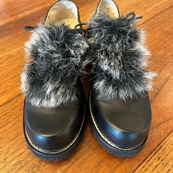 MAYA Black Lug Sole Detailed Faux Fur Boho Retro Lace Up Shoes Genuine Leather