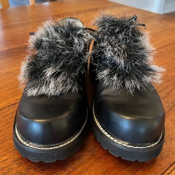 MAYA Black Lug Sole Detailed Faux Fur Boho Retro Lace Up Shoes Genuine Leather