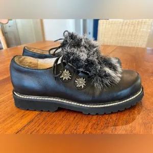 MAYA Black Lug Sole Detailed Faux Fur Boho Retro Lace Up Shoes Genuine Leather