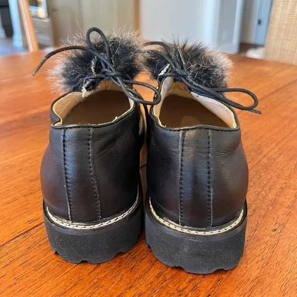 MAYA Black Lug Sole Detailed Faux Fur Boho Retro Lace Up Shoes Genuine Leather