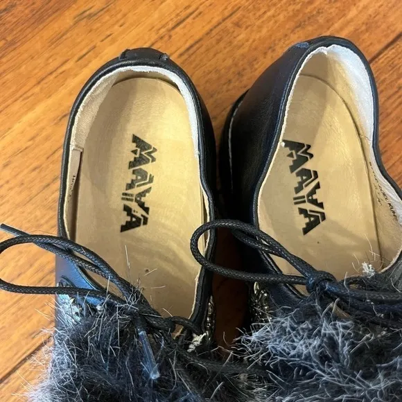 MAYA Black Lug Sole Detailed Faux Fur Boho Retro Lace Up Shoes Genuine Leather