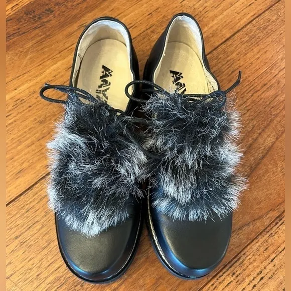 MAYA Black Lug Sole Detailed Faux Fur Boho Retro Lace Up Shoes Genuine Leather