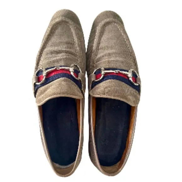 Men's Gucci Light brown corduroy shoes with silver bit, Size 8