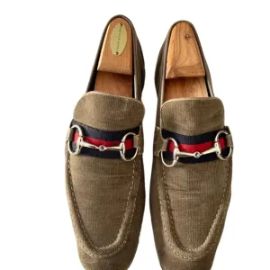 Men's Gucci Light brown corduroy shoes with silver bit, Size 8