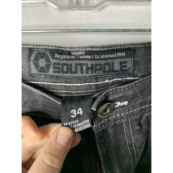 Mens Vintage 34x28 Wide Leg Baggy Y2K South Pole‎ 4180 Dark Grey Distressed Jean