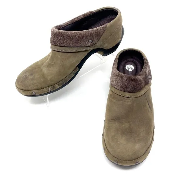 Merrell Luxe Wrap SlipOn Clogs Nubuck Leather Drizzle Brown Studded Shoes 9 1/2