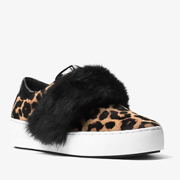MICHAEL KORS Maven Rabbit Fur Calf Hair Sneakers Shoes Cheetah print
