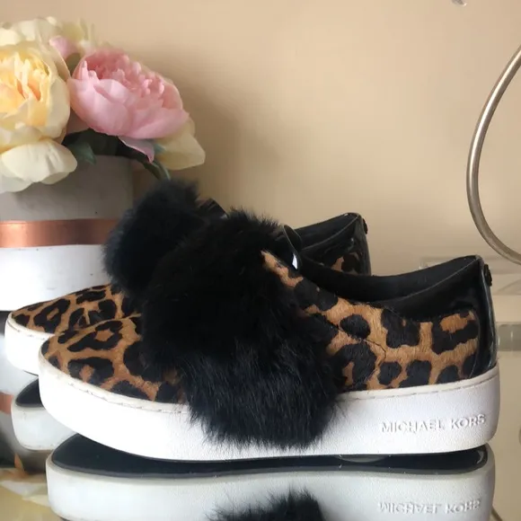 MICHAEL KORS Maven Rabbit Fur Calf Hair Sneakers Shoes Cheetah print