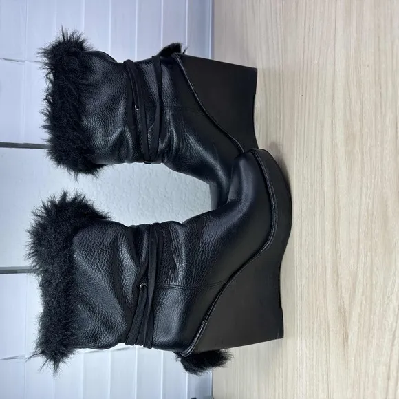 Michael Kors Shoes Women Size 5.5 Black Faux Fur Platform Wedge Goth Ankle Boots