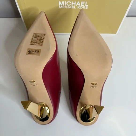 Michael Michael Kors - Halle Leather Mules in Deep Red - Gold Heel - NWB 6.5