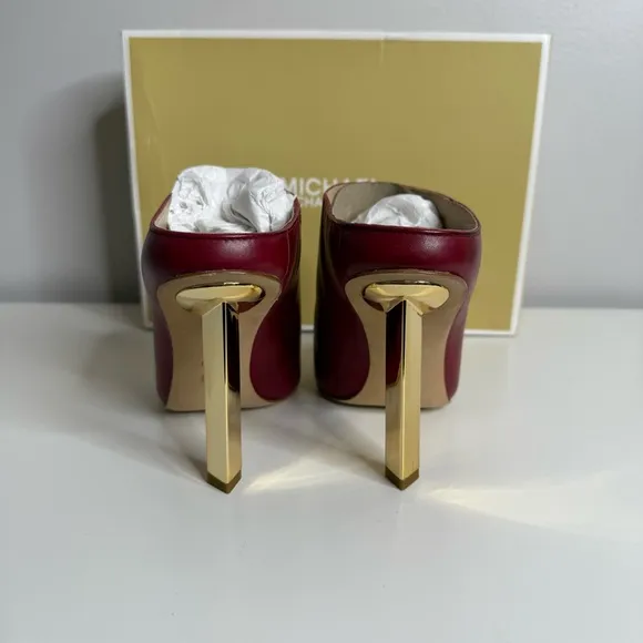 Michael Michael Kors - Halle Leather Mules in Deep Red - Gold Heel - NWB 6.5