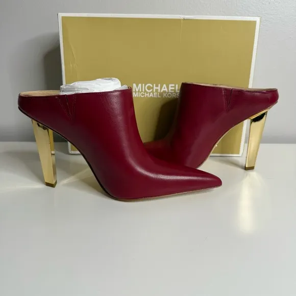 Michael Michael Kors - Halle Leather Mules in Deep Red - Gold Heel - NWB 6.5