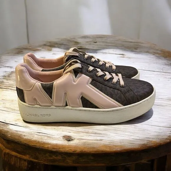 Michael Kors Womens Poppy MK SIG Sneaker Shoes - Brown/Powder Blush Size 8.5