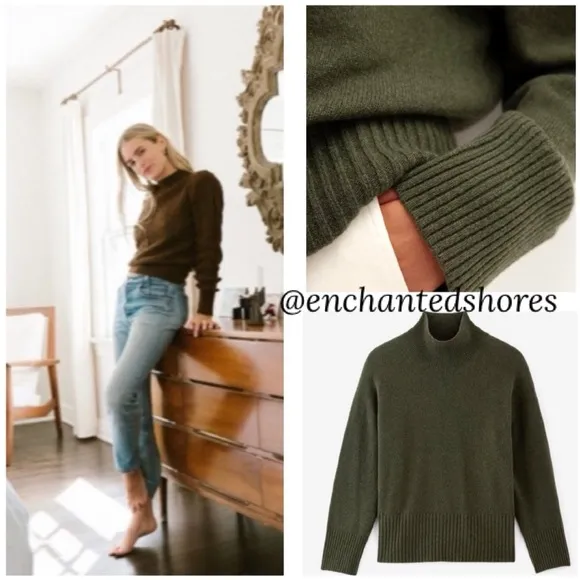Mock Neck Sweater Soft Relaxed Boyfriend Drop Shoulder Olive Green Size Small