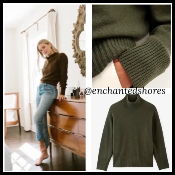 Mock Neck Sweater Soft Relaxed Boyfriend Drop Shoulder Olive Green Size Small