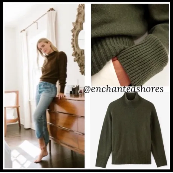 Mock Neck Sweater Soft Relaxed Boyfriend Drop Shoulder Olive Green Size Small