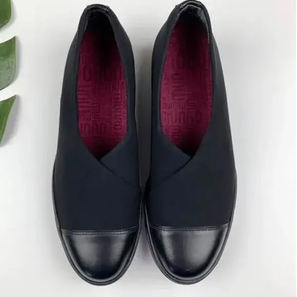 Munro / Plum Slip-On Flats / Black Leather Stretch Fabric / 10W Wide Width