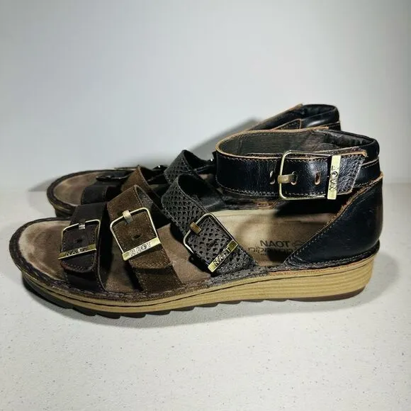 Naot Begonia Women's Size 41 Brown Leather Buckles Wedge Gladiator Sandals Shoes