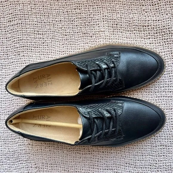 Naturalizer Emme Black Faux Leather &amp; Snake Skin Accent Lace Up Oxford Shoes 8 M