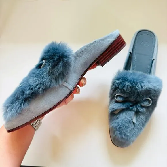 NEW AD DAUGHTERS Blue Grey Rabbit Fur Flats Pointy Toe Bow Slides Mules Shoes 10