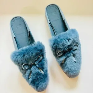NEW AD DAUGHTERS Blue Grey Rabbit Fur Flats Pointy Toe Bow Slides Mules Shoes 10