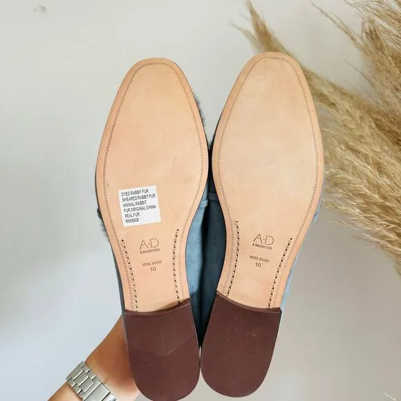 NEW AD DAUGHTERS Blue Grey Rabbit Fur Flats Pointy Toe Bow Slides Mules Shoes 10