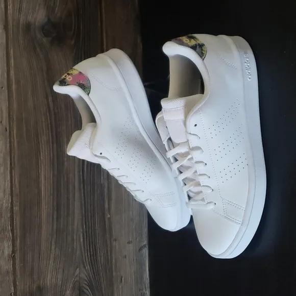 New Adidas Advantage Base White Floral Print Shoes