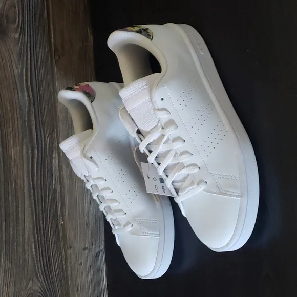New Adidas Advantage Base White Floral Print Shoes
