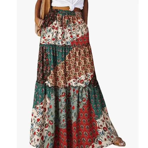 NEW! Boho Hippie Elastic Waist Drawstring Tiered Pleated A-Line Maxi Skirt!