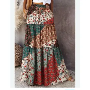 NEW! Boho Hippie Elastic Waist Drawstring Tiered Pleated A-Line Maxi Skirt!