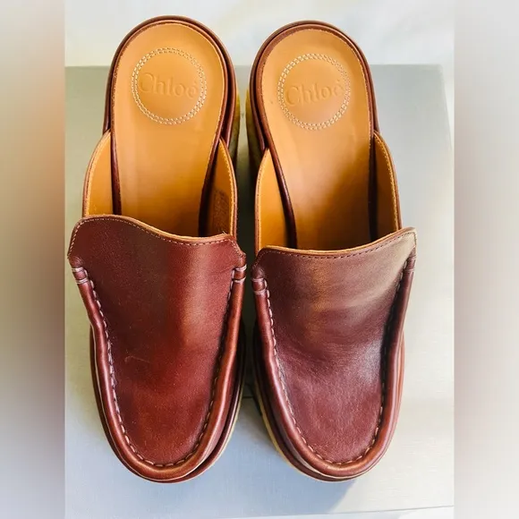New Chloé Jamie tannish brown leather platform mules sz 39