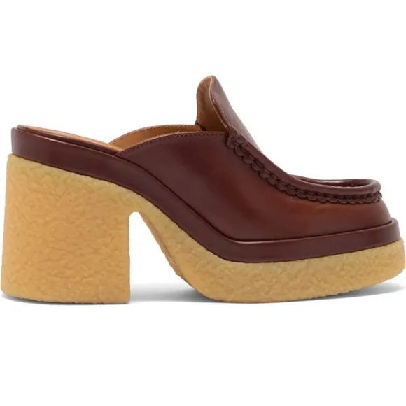 New Chloé Jamie tannish brown leather platform mules sz 39