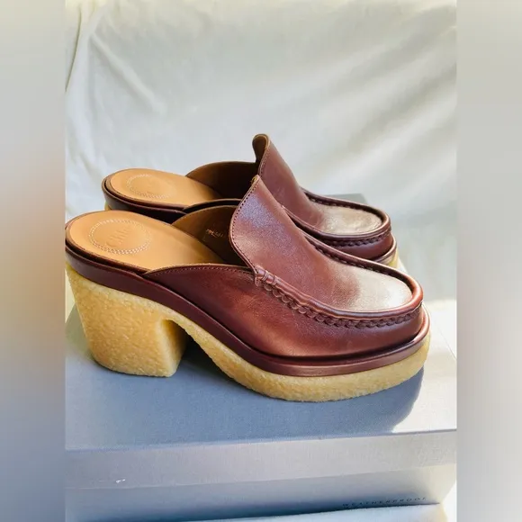 New Chloé Jamie tannish brown leather platform mules sz 39