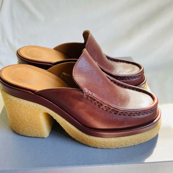 New Chloé Jamie tannish brown leather platform mules sz 39