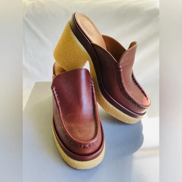 New Chloé Jamie tannish brown leather platform mules sz 39