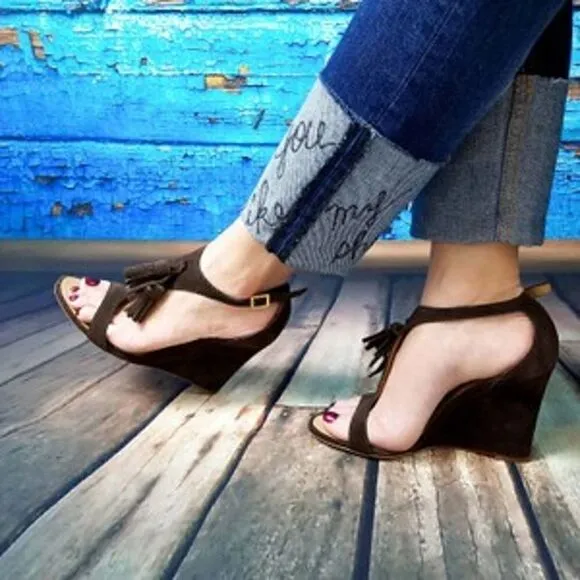 New DSQUARED2 US 10 Women Shoes Brown Suede High Heel Wedge T-Strap Sandals