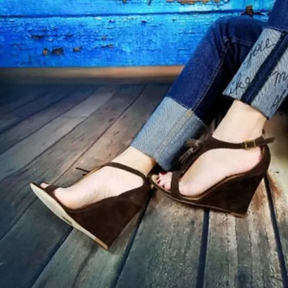 New DSQUARED2 US 10 Women Shoes Brown Suede High Heel Wedge T-Strap Sandals
