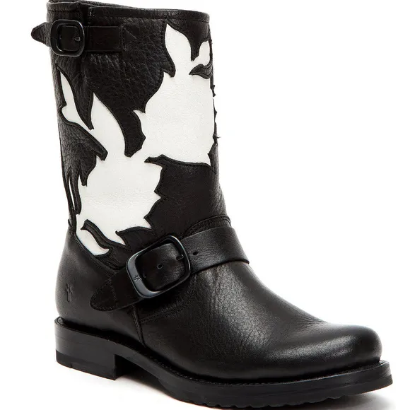 New Frye Veronica Floral Black Leather Boots