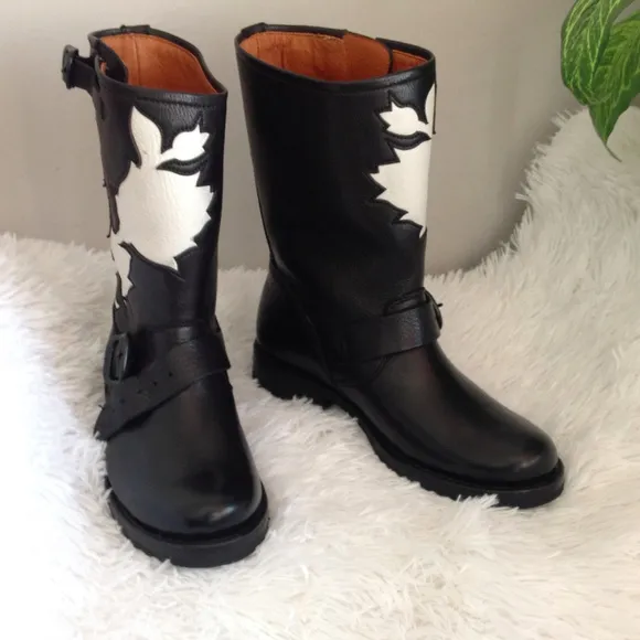 New Frye Veronica Floral Black Leather Boots