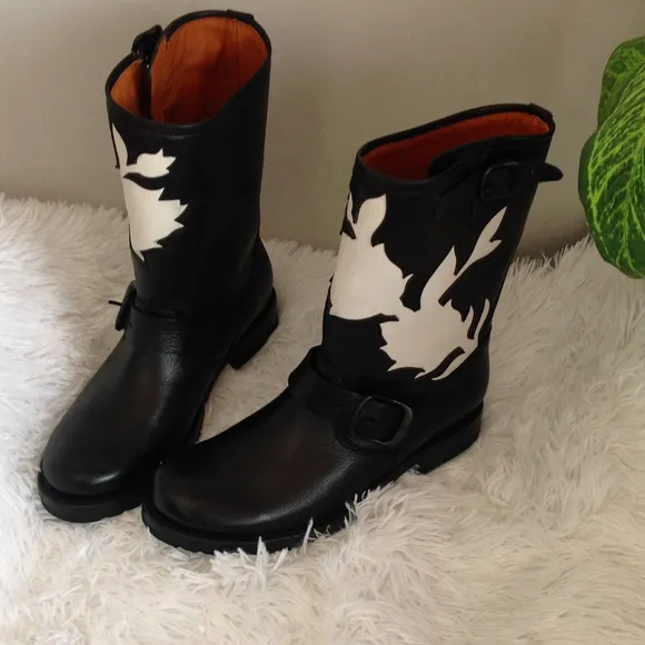 New Frye Veronica Floral Black Leather Boots