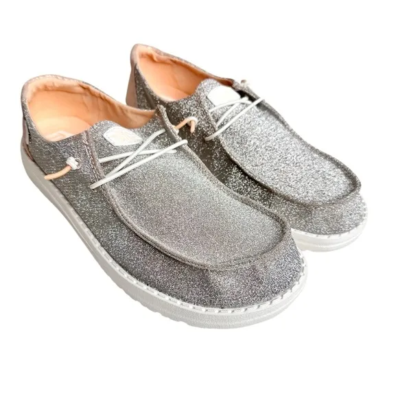 NEW Hey Dude Wendy Metallic Sparkle Shoes in Rose Gold SZ 12