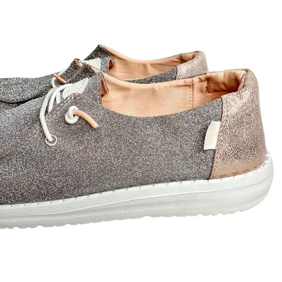 NEW Hey Dude Wendy Metallic Sparkle Shoes in Rose Gold SZ 12