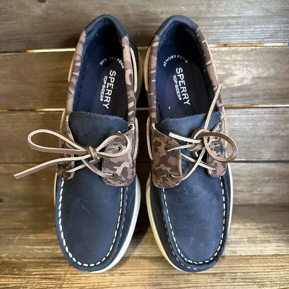 New Kids Sperry Cup II Blue Leather Camo Slip‎ On Boat Deck Shoes Loafers 4 Y
