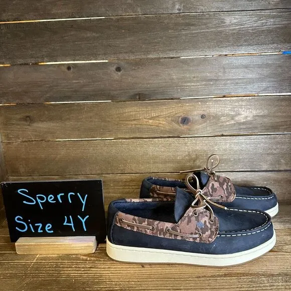 New Kids Sperry Cup II Blue Leather Camo Slip‎ On Boat Deck Shoes Loafers 4 Y