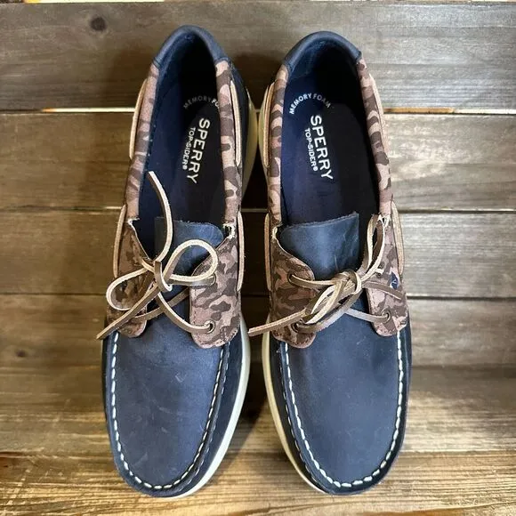 New Kids Sperry Cup II Blue Leather‎ Camo Slip On Boat Deck Shoes Loafers 6.5 Y