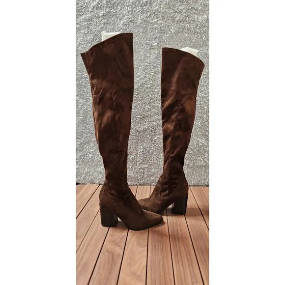 NEW Marc Fisher LTD Meyana Over the Knee Dark Brown Suede Heeled Boots Sz 7M